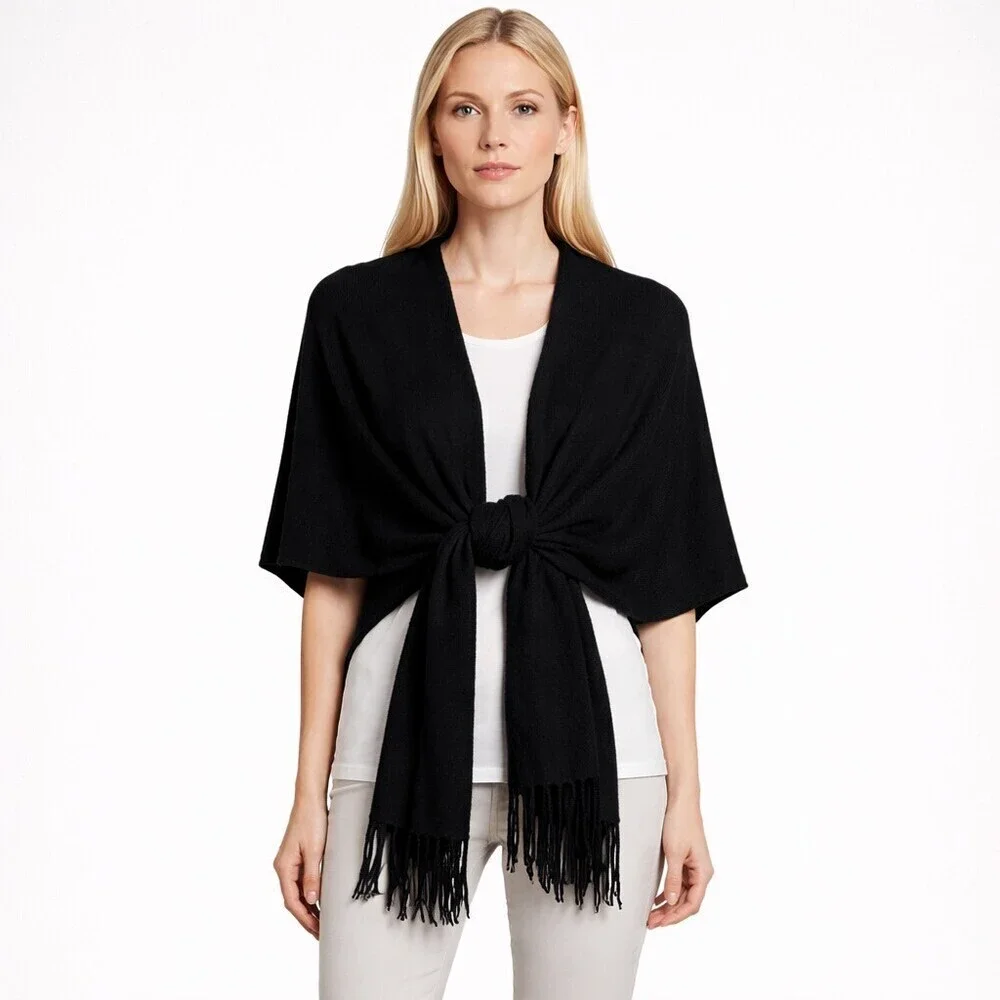 White + Warren Cashmere Two-Way Split travel Scarf Black Fringe Wrap